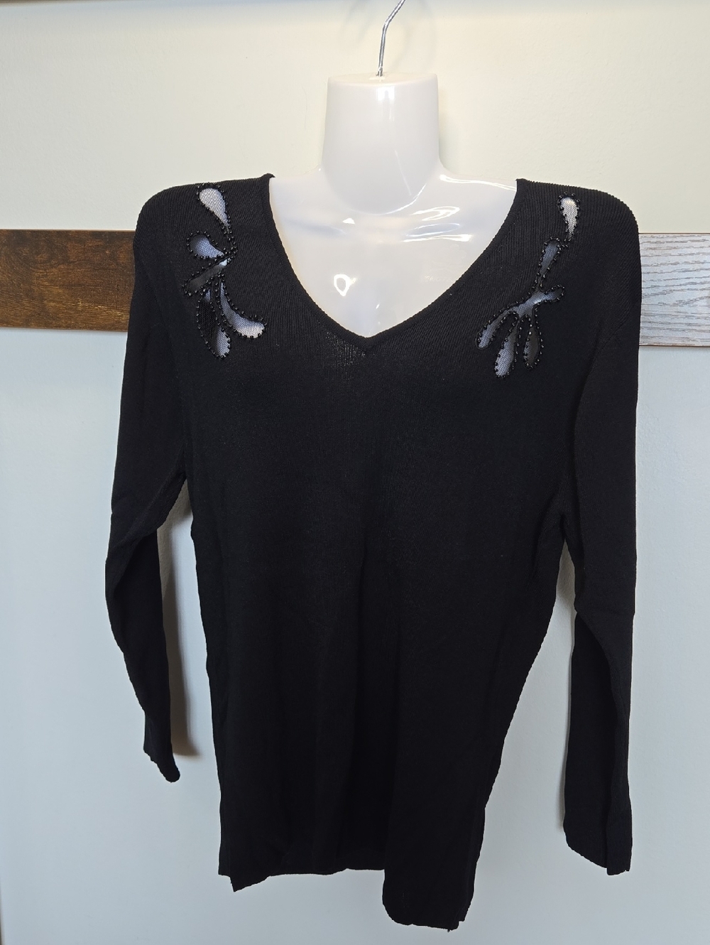Black V-Neck Long Sleeve Sweater with Shoulder Cutouts